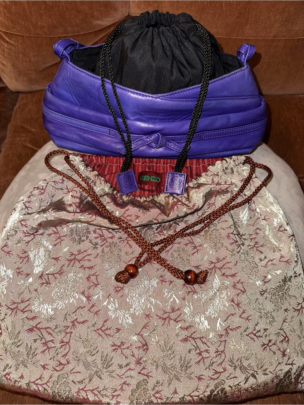 Kenzo vintage Violet Leather Drawstring Shoulder Bag with Black Kenzo Pouch